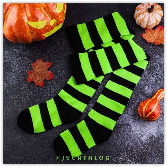 Bright Green & Black Striped Cotton ThighHighs - Picture 6 of 7